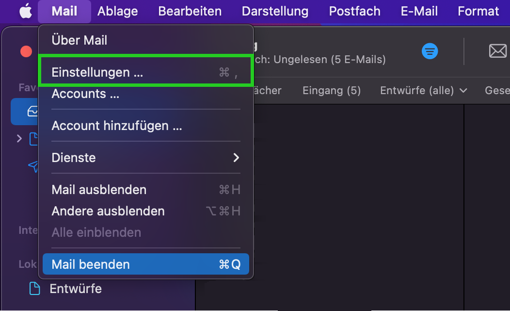 Screenshot: Der Menüpunkt Mail ist geöffnet. In dieser Liste ist der Menüpunkt Einstellungen ... hervorgehoben.