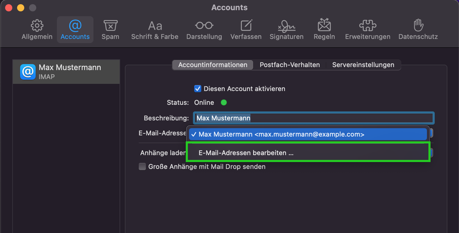 Screenshot: Das Fenster Accounts wird angezeigt. Die Liste E-Mail-Adresse wird angezeigt. In dieser Liste ist der Menüpunkt E-Mail-Adressen bearbeiten … hervorgehoben.