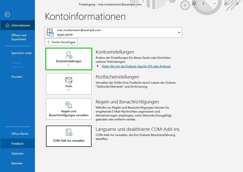 Screenshot: Die Seite Kontoinformationen wird angezeigt. Auf dieser Seite ist die Schaltfläche Kontoeinstellungen hervorgehoben.