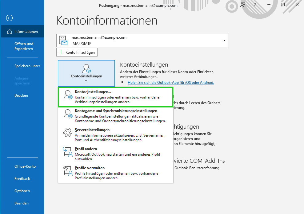 Screenshot: Die Seite Kontoinformationen wird angezeigt. Auf dieser Seite ist die Schaltfläche Kontoeinstellungen... hervorgehoben.
