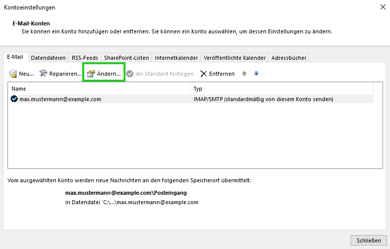 Screenshot: Das Fenster E-Mail-Konten wird angezeigt. In diesem Fenster ist die Schaltfläche Ändern... hervorgehoben.