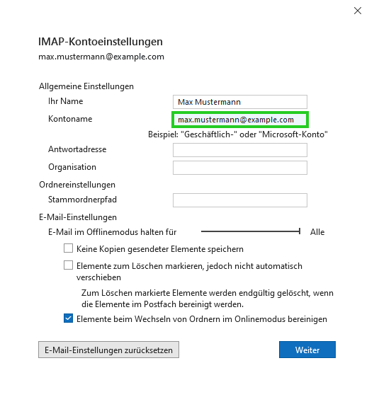 Screenshot: Das Fenster IMAP-Kontoeinstellungen wird angezeigt. Auf dieser Seite ist das Feld Kontoname hervorgehoben.