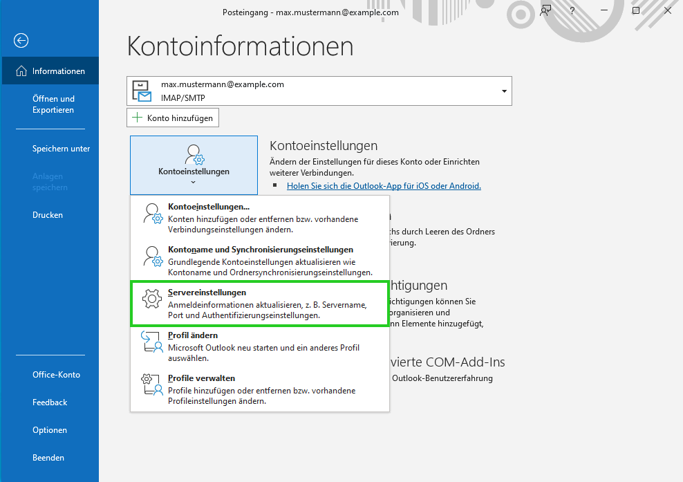 Screenshot: Die Seite Kontoinformationen wird angezeigt. Auf dieser Seite ist die Schaltfläche Servereinstellungen hervorgehoben.