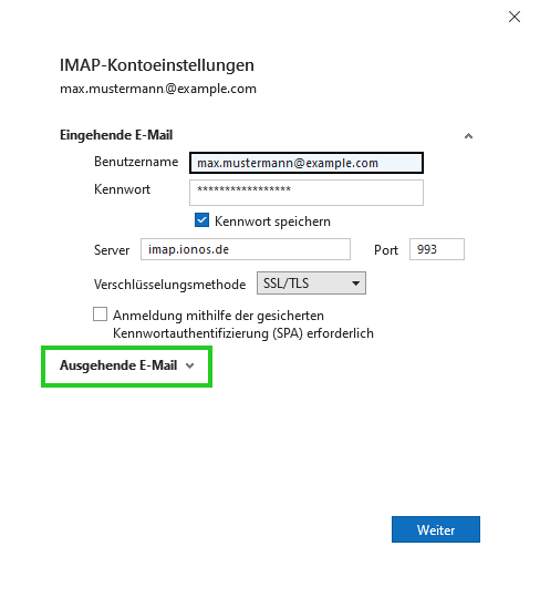 Screenshot: Das Fenster IMAP-Kontoeinstellungen wird angezeigt. Auf dieser Seite ist der Menüpunkt Ausgehende E-Mail hervorgehoben.