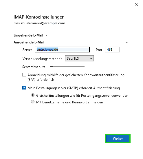 Screenshot: Das Fenster IMAP-Kontoeinstellungen wird angezeigt. Auf dieser Seite ist der Menüpunkt Weiter hervorgehoben.