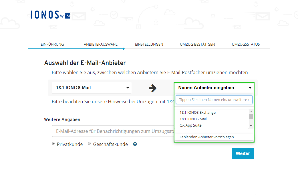 Screenshot: Die Seite Auswahl der E-Mail-Anbieter wird angezeigt. Auf dieser Seite ist das Feld Neuen Anbieter eingeben hervorgehoben.