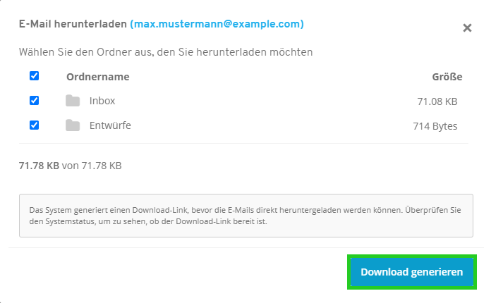 Screenshot: Das Fenster E-Mail herunterladen wird angezeigt. In diesem Fenster ist die Schaltfläche Download generieren hervorgehoben.