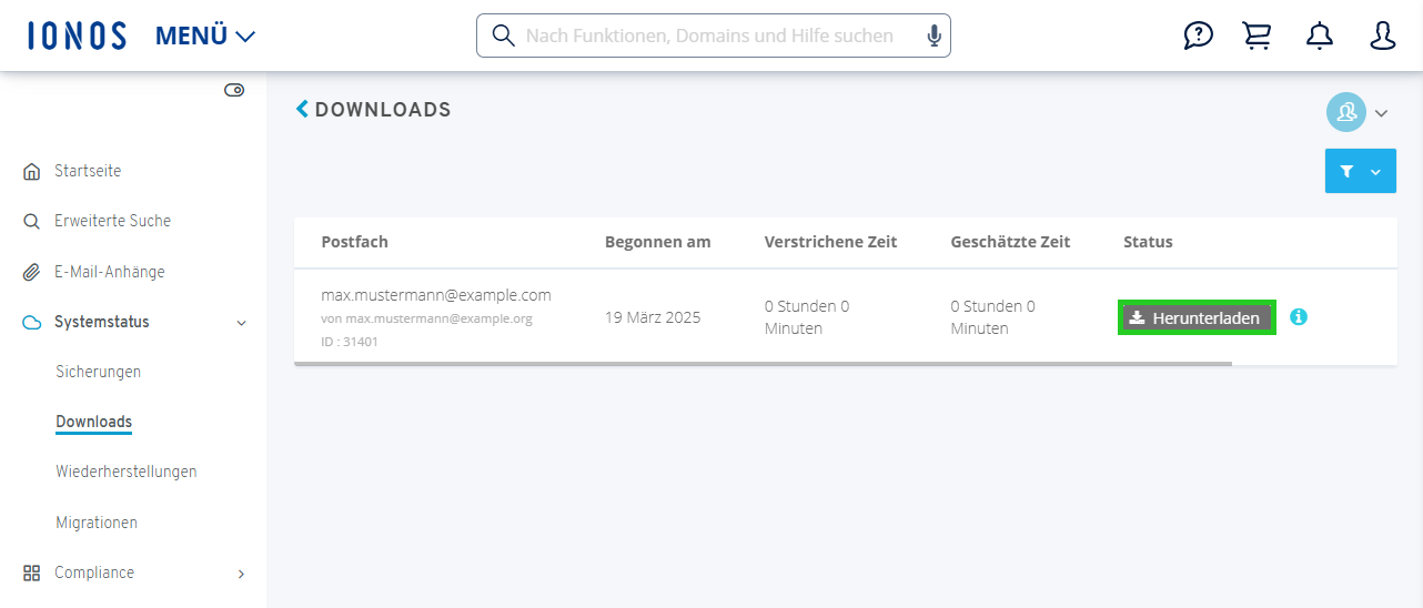 Screenshot: Der Bereich Systemstatus > Downloads wird angezeigt. In diesem Bereich ist in der Spalte Status die Schaltfläche Herunterladen hervorgehoben.