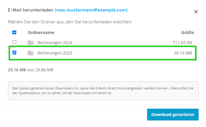 Screenshot: Das Fenster E-Mail herunterladen wird angezeigt. In diesem Fenster ist der Ordner Rechnungen 2023 hervorgehoben.