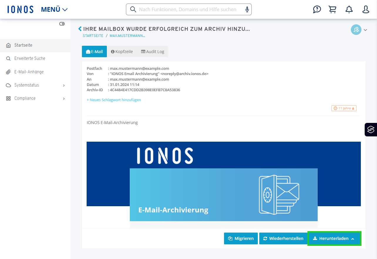 Screenshot: Die E-Mail-Vorschau wird angezeigt. In der E-Mail-Vorschau ist die Schaltfläche Herunterladen hervorgehoben.
