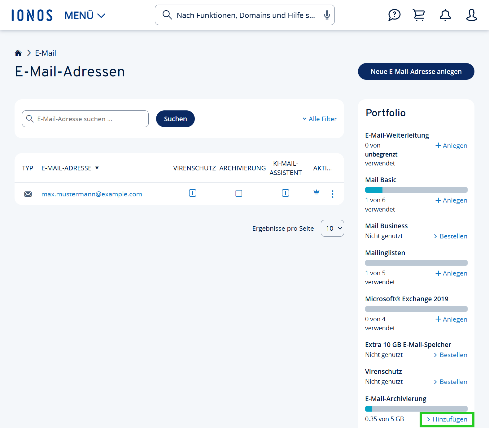 Screenshot: Die Seite E-Mail-Adressen wird angezeigt. Auf dieser Seite ist im Bereich Portfolio der Link Hinzufügen hervorgehoben.