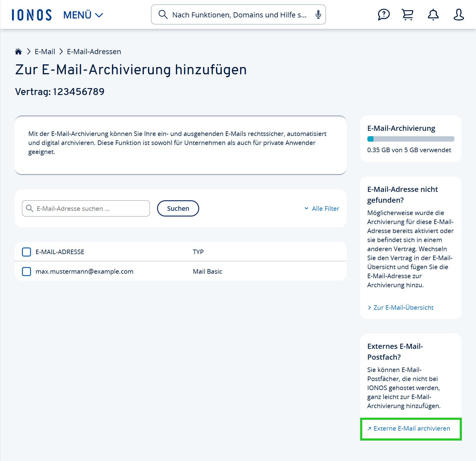 Screenshot: Die Seite Zur E-Mail-Archivierung hinzufügen wird angezeigt. Auf dieser Seite ist im Bereich Externes E-Mail-Postfach? der Link Externe E-Mail archivieren hervorgehoben.