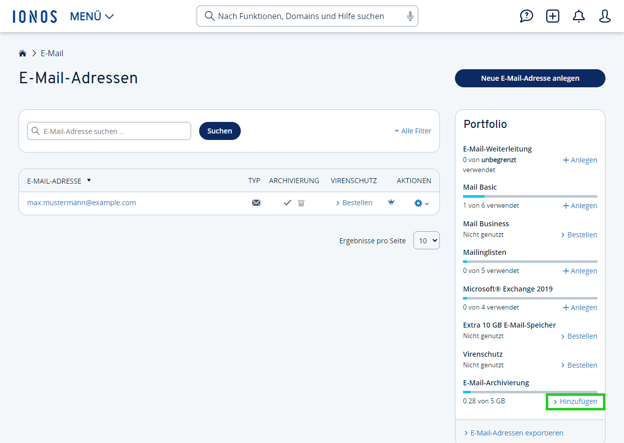 Screenshot: Die Seite E-Mail-Adressen wird angezeigt. Auf dieser Seite ist im Bereich Portfolio der Link Hinzufügen hervorgehoben.