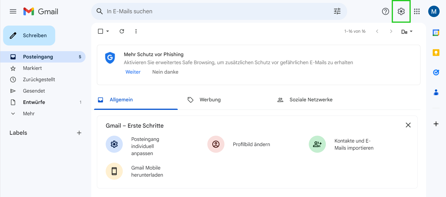 Screenshot: Der Posteingang in Gmail wird angezeigt. Auf dieser Seite ist auf der rechten Seite die Schaltfläche mit dem Zahnrad-Symbol hervorgehoben.