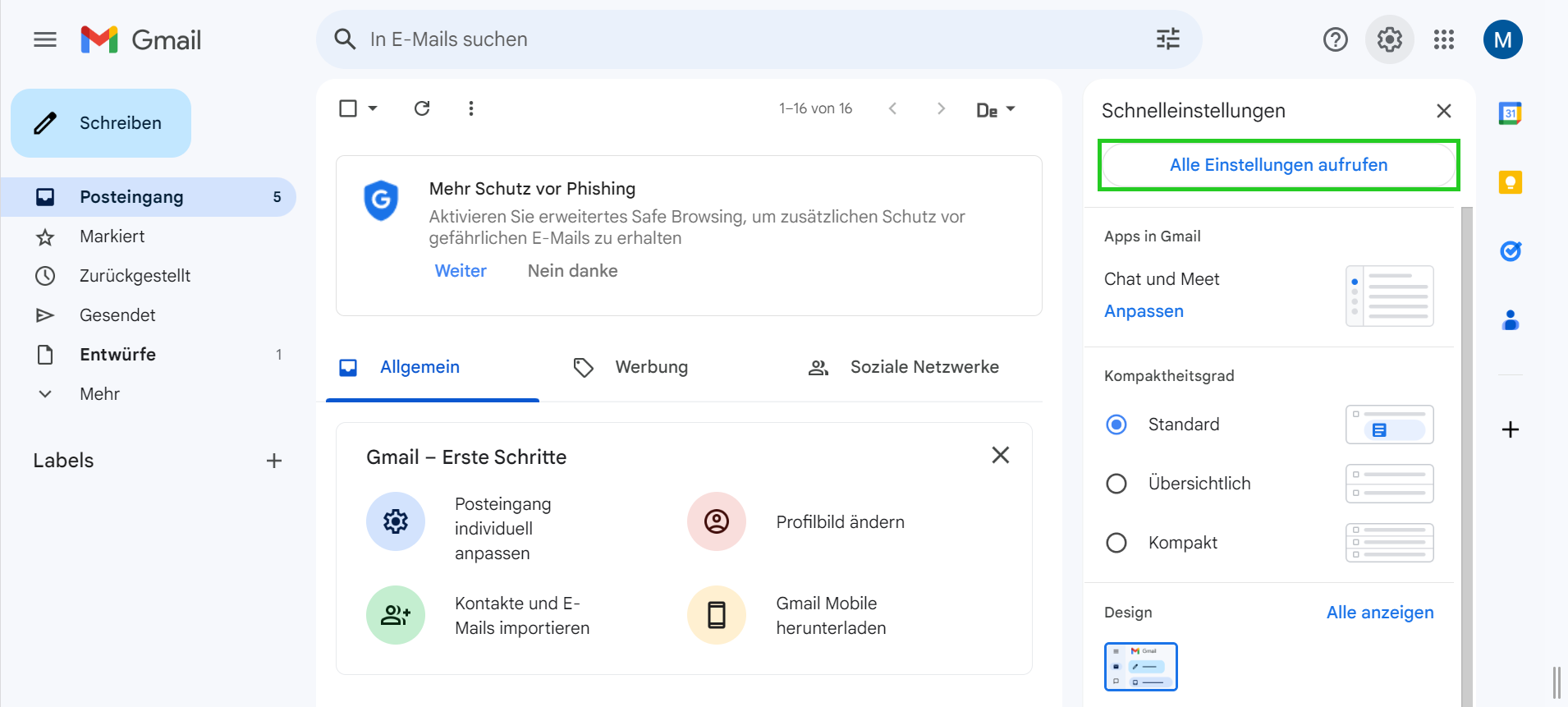 Screenshot: Der Posteingang in Gmail wird angezeigt. Auf dieser Seite wird auf der rechten Seite das Fenster Schnelleinstellungen angezeigt. In diesem Fenster ist die Schaltfläche Alle Einstellungen aufrufen hervorgehoben.