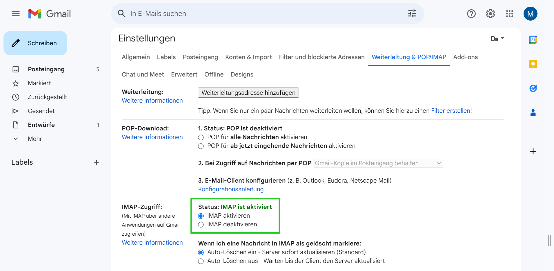 Screenshot: Die Seite Einstellungen wird angezeigt. Auf dieser Seite ist der Bereich IMAP-Zugriff hervorgehoben.
