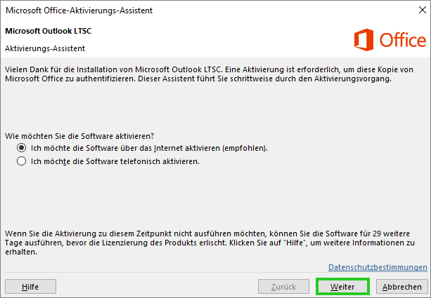 Abbildung: Dialogfeld zur Aktivierung von Outlook 2024 (Outlook LTSC)