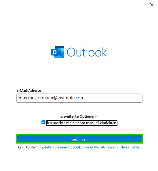 Abbildung: Dialogfeld zum Hinzufügen eines Kontos in Outlook 2024