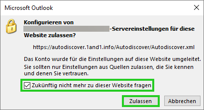 Abbildung: Dialogfeld zur Autorisierung der Autodiscover-Funktion zur automatischen Konfiguration des Kontos in Outlook 2024