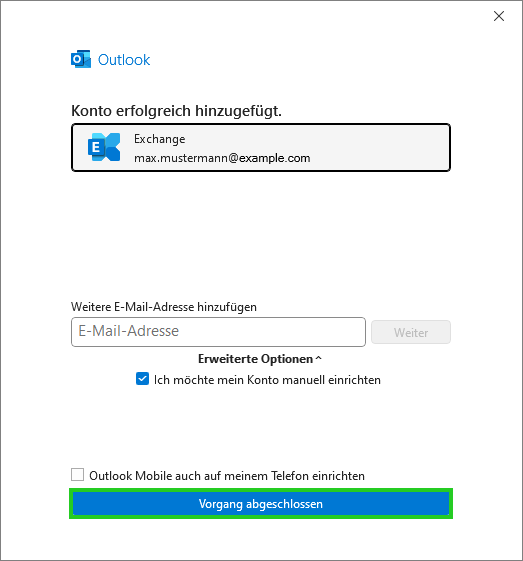 Abbildung: Meldung über das erfolgreiche Hinzufügen des Kontos in Outlook 2024