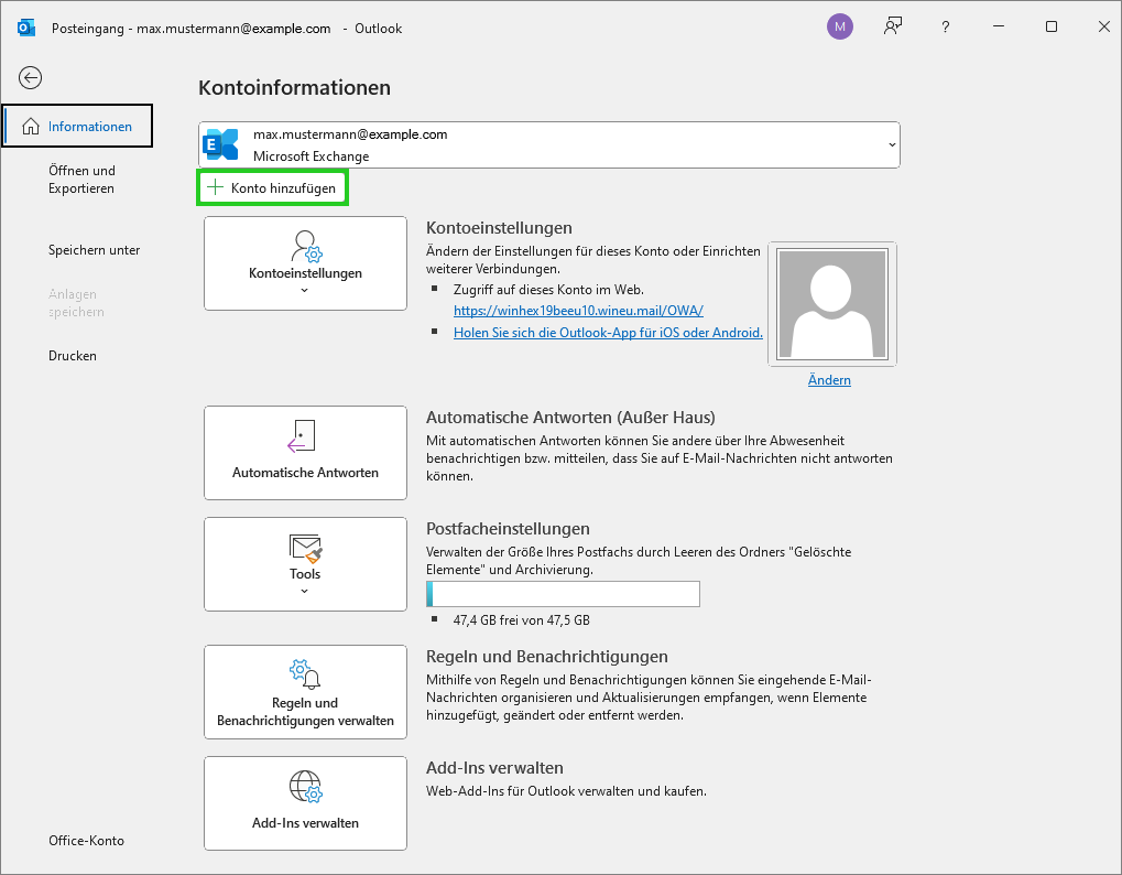 Abbildung: Bereich "Kontoinformationen" in Outlook 2024