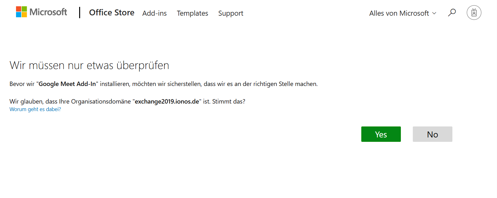 Screenshot: Die Microsoft Office Store wird angezeigt. In diesem Bestätigungsfenster wird eine Bestätigungsfrage für die Zuordnung der Organisationsdomäne vor der Installation eines Add-Ins angezeigt.