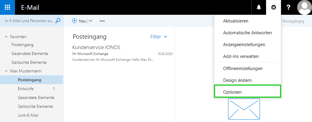 Screenshot: Die Menüleiste von Outlook wird angezeigt. In diesem Fenster die die Schaltfläche Optionen in den Einstellungen hervorgehoben.