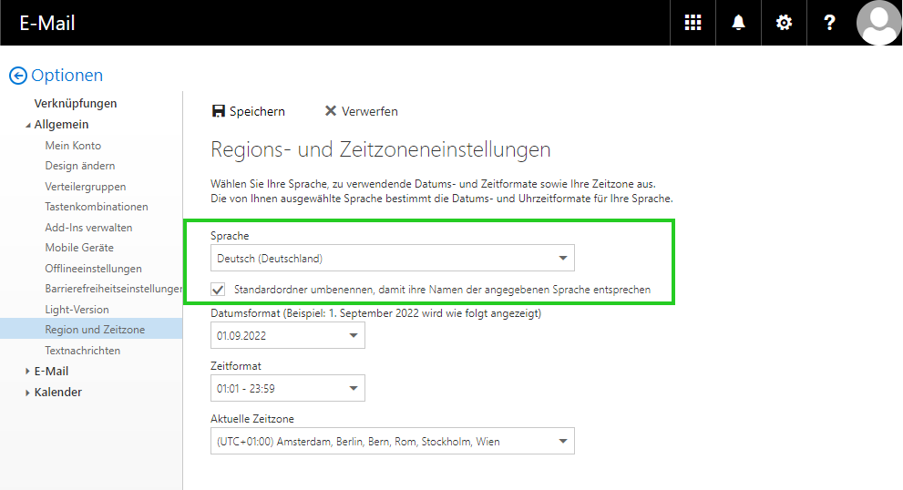 Screenshot: Der Bereich Region und Zeitzone in den Einstellungen der Outlook Web App wird angezeigt. In diesem Bereich ist die Liste Sprache hervorgehoben.