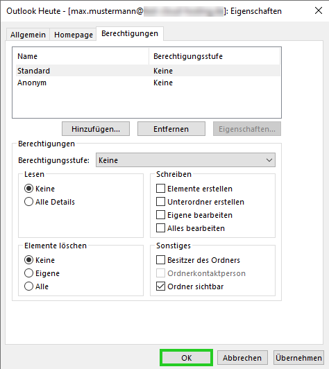 Der Reiter Berechtigungen im Fenster Outlook heute wird angezeigt. Auf dieser Seite ist die Schaltfläche OK hervorgehoben.