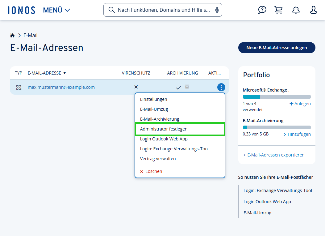 Screenshot der E-Mail-Übersicht im Bereich E-Mail > E-Mail-Adressen. Neben der gewünschten E-Mail-Adresse wird eine Liste angezeigt, in der der Menüpunkt Administrator festlegen hervorgehoben ist.