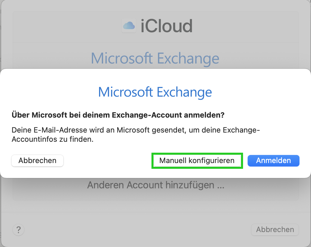 Screenshot: Ein Dialogfenster mit der folgenden Frage wird angezeigt: Über Microsoft bei deinem Exchange-Account anmelden? In diesem Fenster ist die Schaltfläche Manuell konfigurieren hervorgehoben.