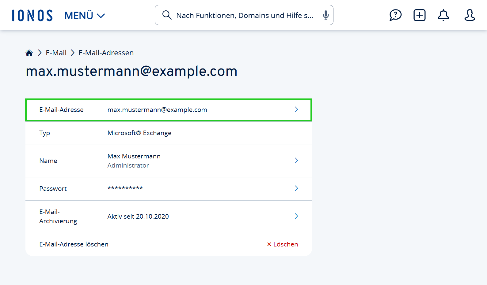 Screenshot: Auf der Seite mit den Details der E-Mail-Adresse ist das Feld E-Mail-Adresse hervorgehoben.