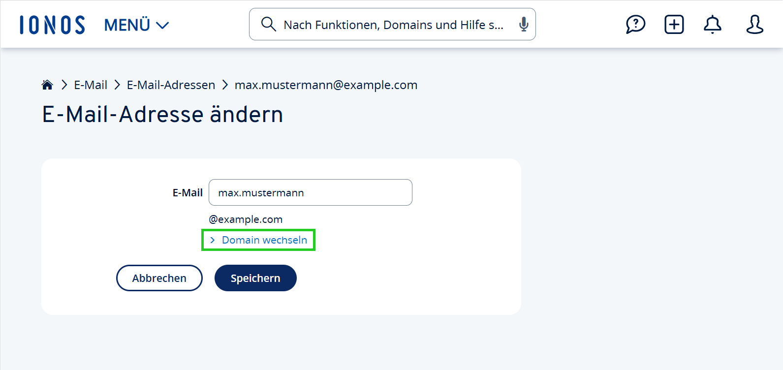 Screenshot: Auf der Seite E-Mail-Adresse ändern ist der Link Domain wechseln hervorgehoben.