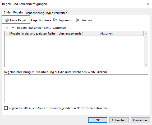 Screenshot: Das Fenster Regel-Assistent wird angezeigt. In diesem Bereich ist die Schaltfläche Neue Regel hervorgehoben.
