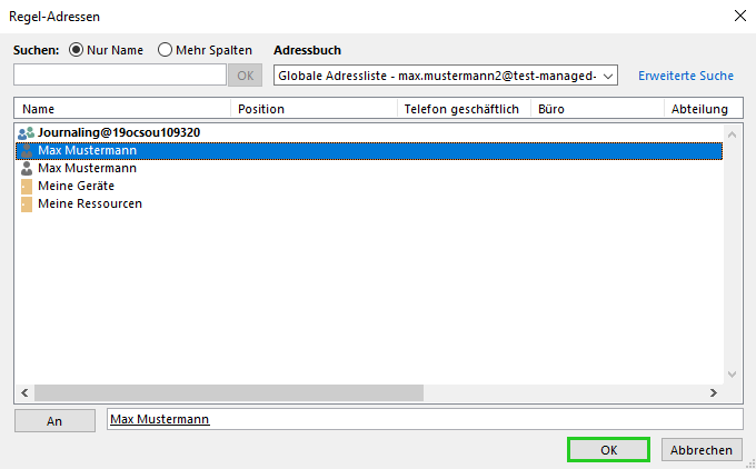 Screenshot: Das Fenster Regel-Adressen wird angezeigt. In diesem Bereich ist die Schaltfläche OK hervorgehoben.