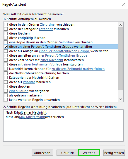 Screenshot: Das Fenster Regel-Assistent wird angezeigt. In diesem Bereich ist die Schaltfläche Weiter hervorgehoben.