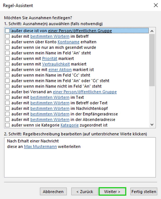 Screenshot: Das Fenster Regel-Assistent wird angezeigt. In diesem Bereich ist die Schaltfläche Weiter hervorgehoben.