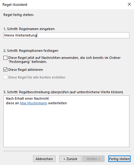 Screenshot: Das Fenster Regel-Assistent wird angezeigt. In diesem Bereich ist die Schaltfläche Fertig stellen hervorgehoben.