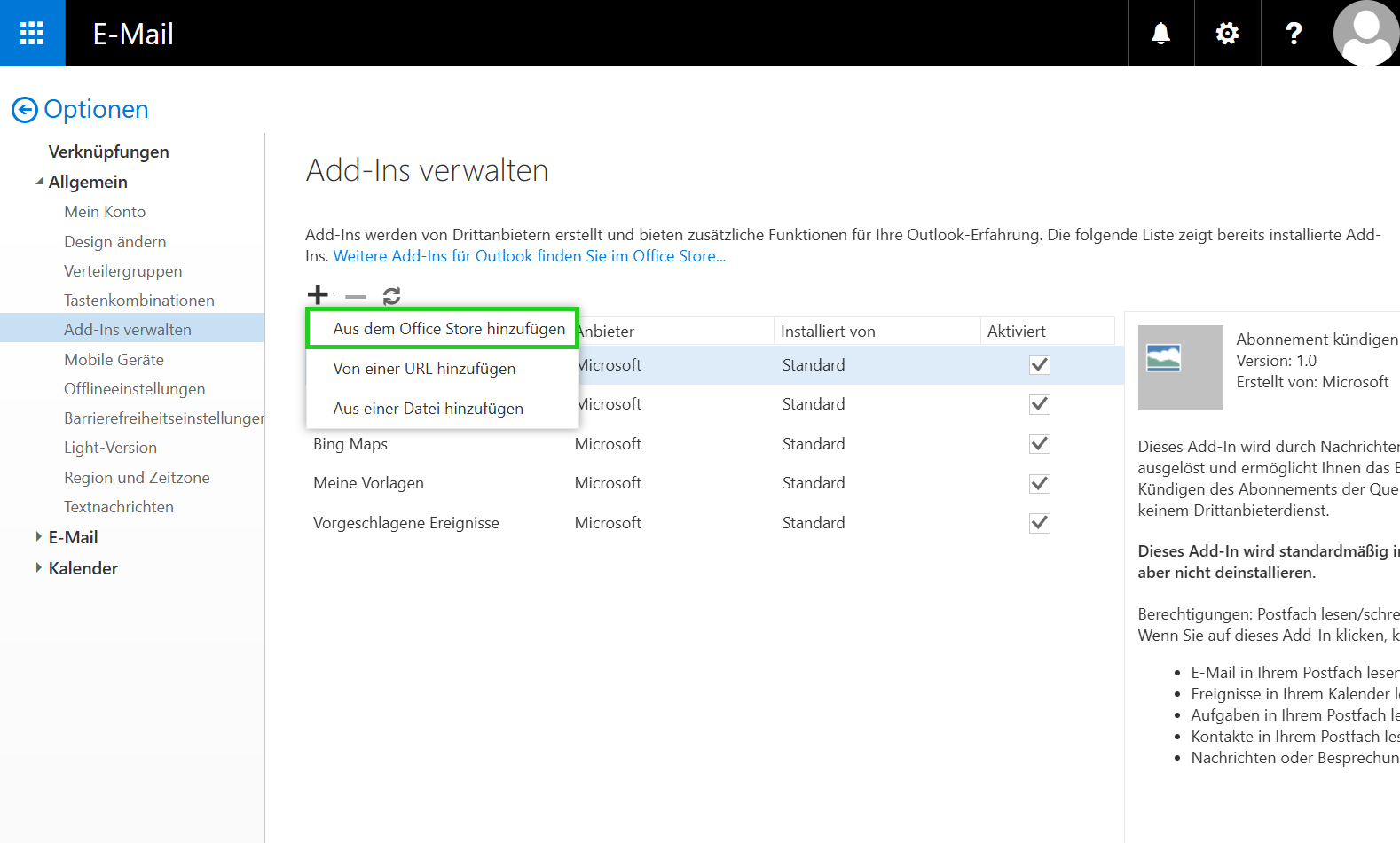 Screenshot: Die Outlook Web App wird angezeigt. Im Bereich Add-Ins wird unterhalb Plus-Symbols eine Liste mit Optionen angezeigt. In dieser Liste ist die Option Aus dem Office Store hinzufügen hervorgehoben.