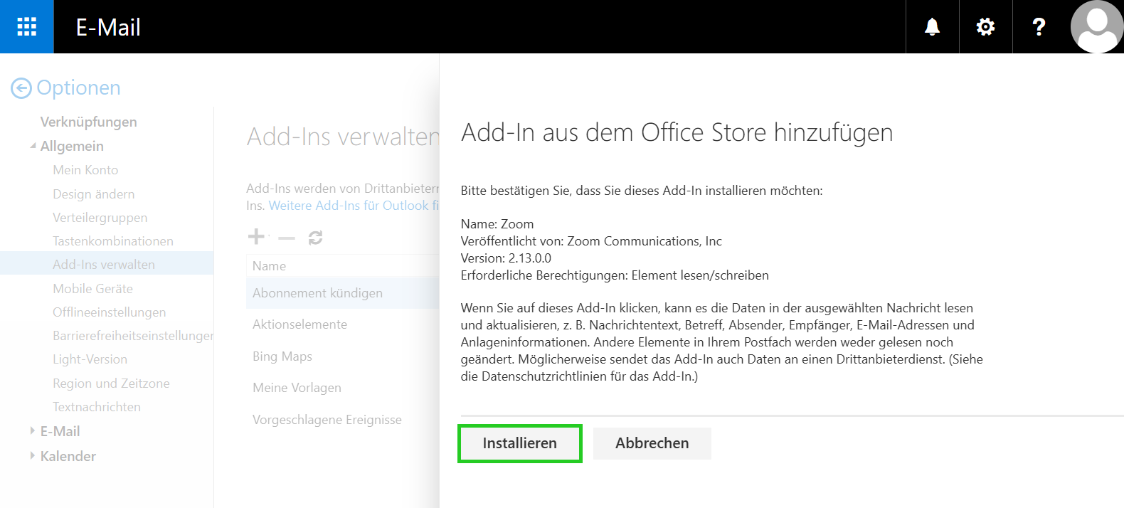 Screenshot: Die Outlook Web App wird angezeigt. In der Web App wird das Fenster Add-In aus dem Office Store hinzufügen angezeigt. In diesem Fenster ist die Schaltfläche Installieren hervorgehoben.