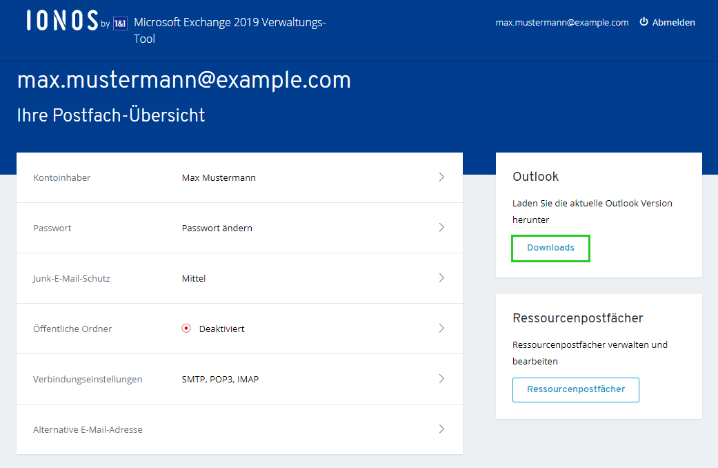 Screenshot der Seite Ihre Postfach-Übersicht. Auf dieser Seite ist die Schaltfläche Downloads hervorgehoben.