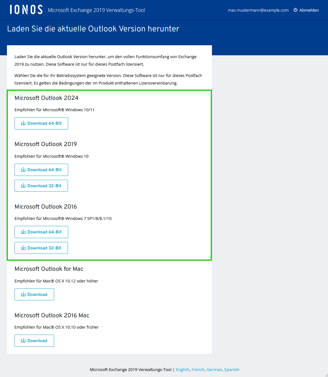 Screenshot der Seite Laden die aktuelle Outlook Version herunter mit verschiedenen Outlook-Versionen für Microsoft Windows.
