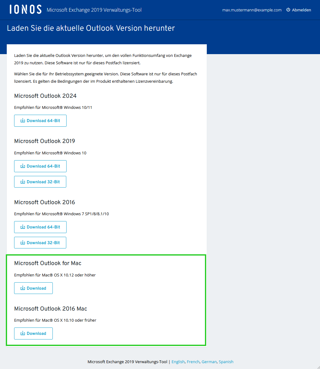 Screenshot der Seite Laden die aktuelle Outlook Version herunter mit verschiedenen Outlook-Versionen für Mac.