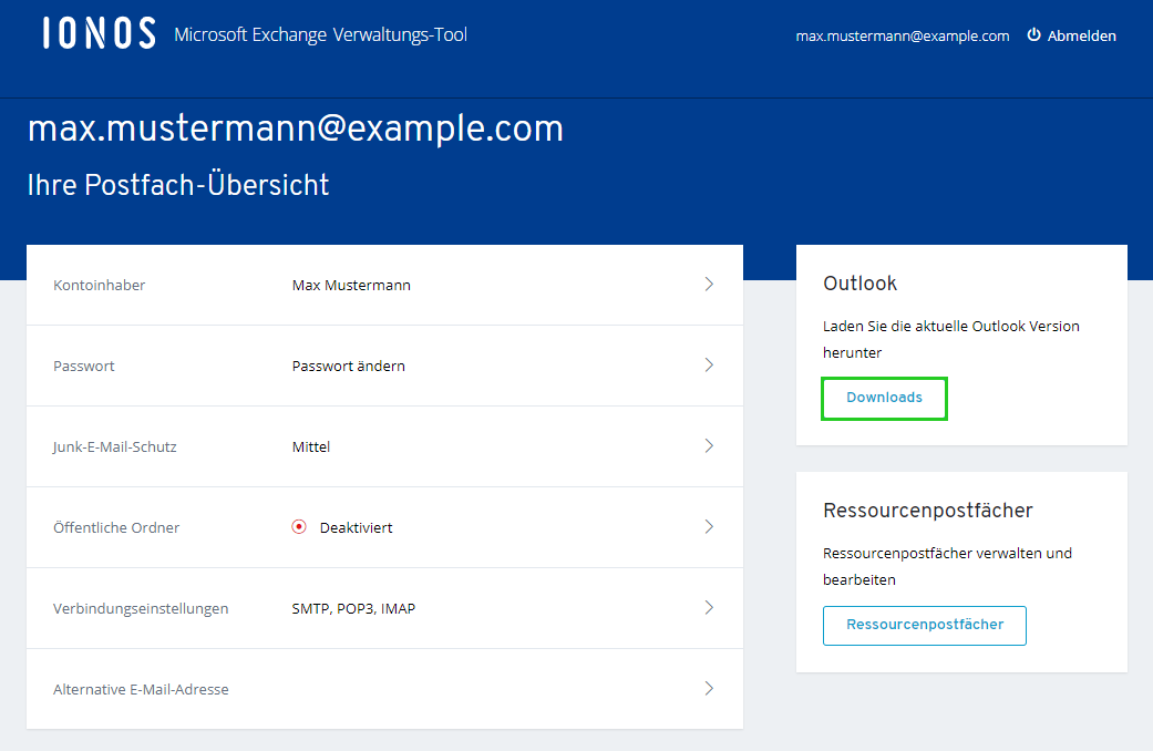 Screenshot der Seite Ihre Postfach-Übersicht. Auf dieser Seite ist die Schaltfläche Downloads hervorgehoben.