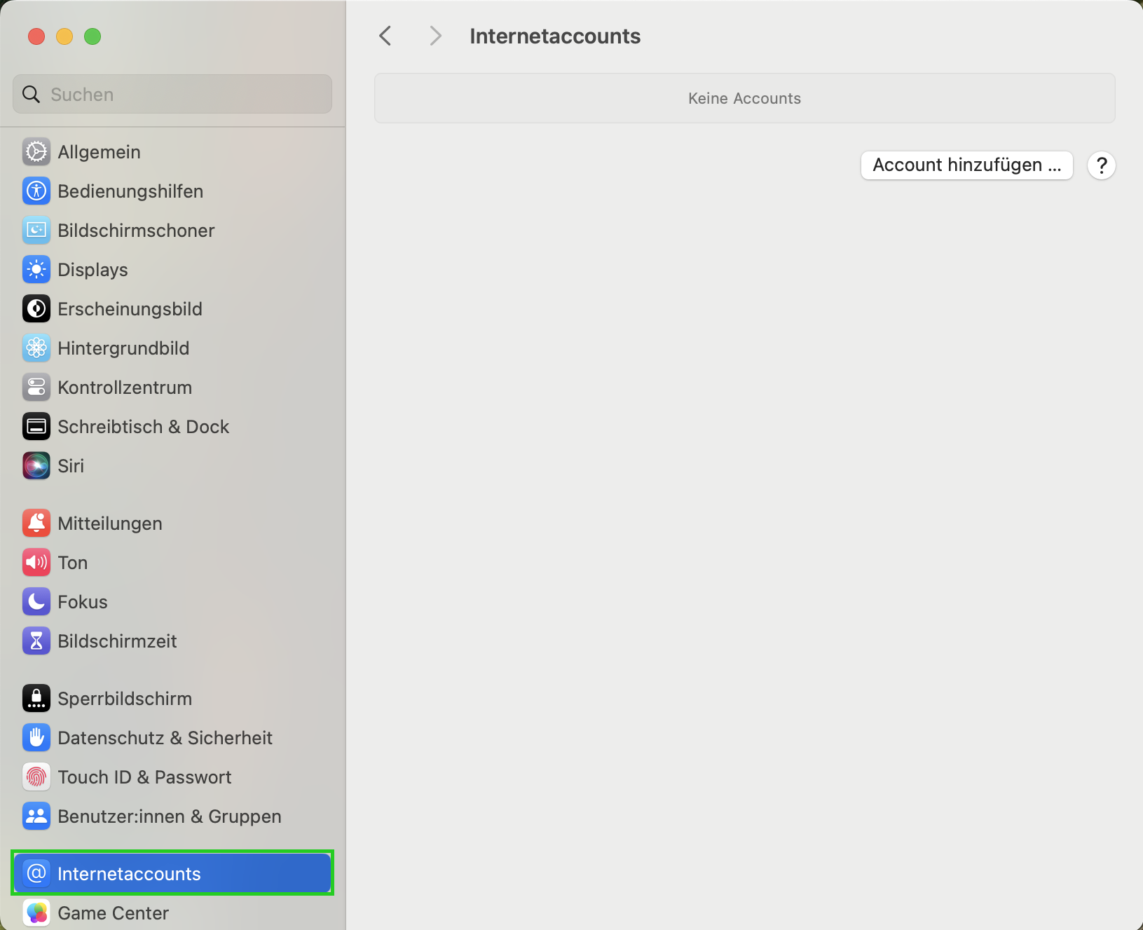 Screenshot: Das Fenster der macOS Systemeinstellungen wird angezeigt. In der Navigationsleiste links ist der Menüpunkt Internetaccounts hervorgehoben.