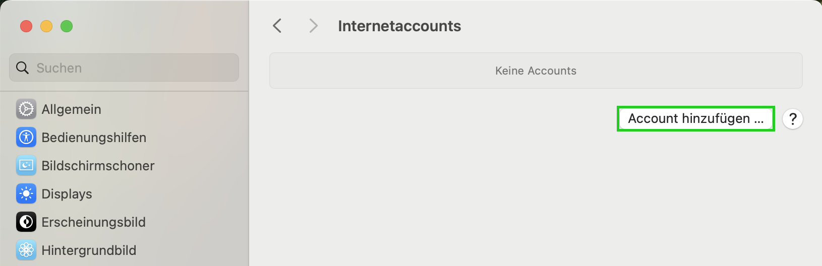 Screenshot: Der Bereich Internetaccounts im Fenster der macOS Systemeinstellungen wird angezeigt. In diesem Bereich ist die Schaltfläche Account hinzufügen... hervorgehoben.