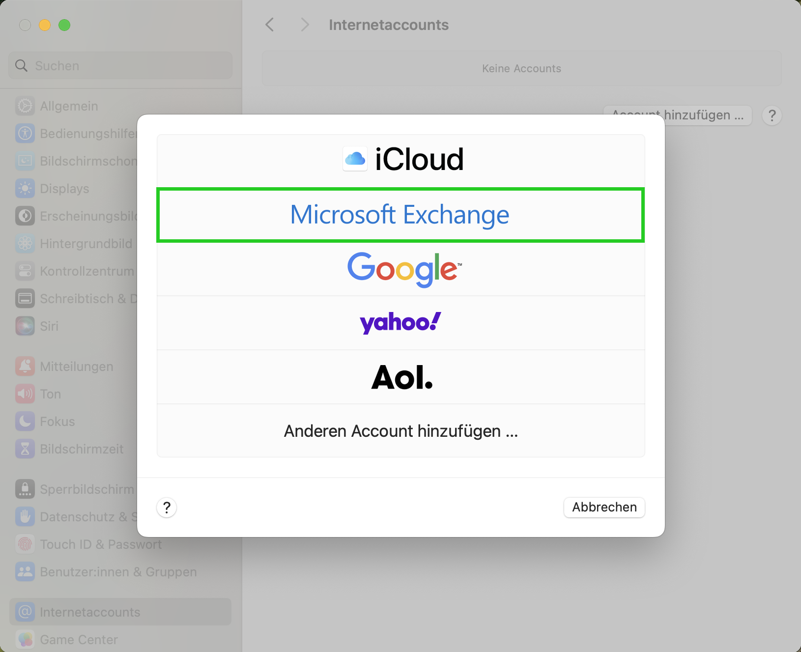 Screenshot: Das Dialogfenster zur Auswahl des Account-Anbieters wird angezeigt. In diesem Bereich ist der Account-Anbieter Microsoft Exchange hervorgehoben.