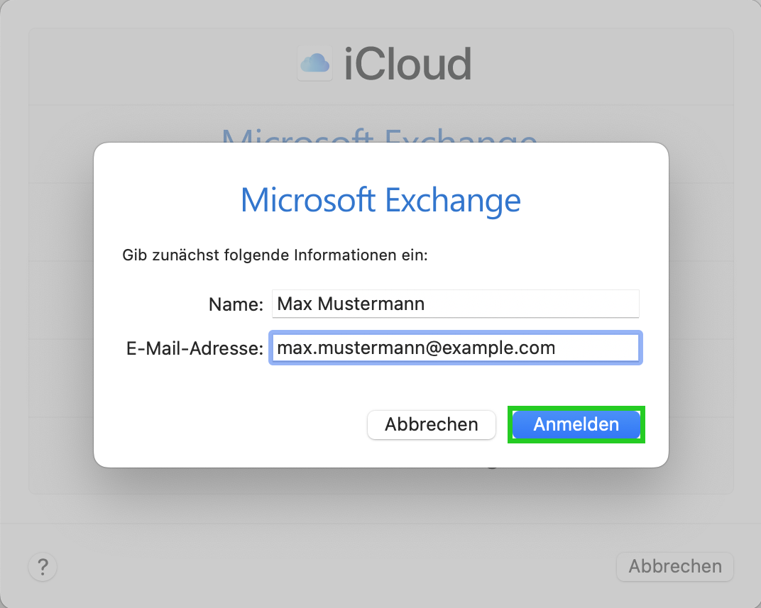 Screenshot: Das Dialogfenster Microsoft Exchange mit Eingabefeldern für Name und E-Mail-Adresse wird angezeigt. In diesem Bereich ist die Schaltfläche "Anmelden" ist hervorgehoben.
