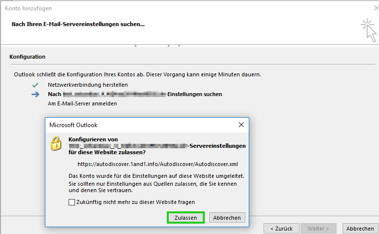 Screenshot: Anfrage Konfigurieren von [KONTONAME]-Servereinstellungen für diese Website zulassen? Die Schaltfläche Zulassen ist hervorgehoben.