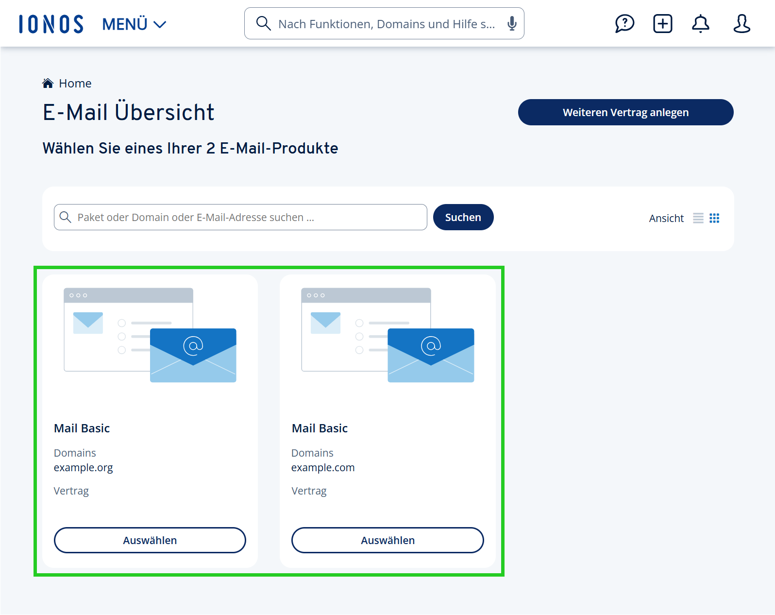 Screenshot: Bereich E-Mail im IONOS Konto. In diesem Bereich sind zwei Kacheln mit zwei E-Mail-Verträgen hervorgehoben. In den Kacheln erscheinen die Schaltflächen Auswählen.